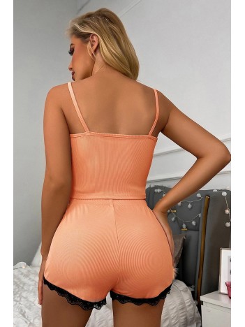 Kadın Mercan Pembe Alt Ve Üst Dantel Detaylı Şortlu Gecelik Takımı