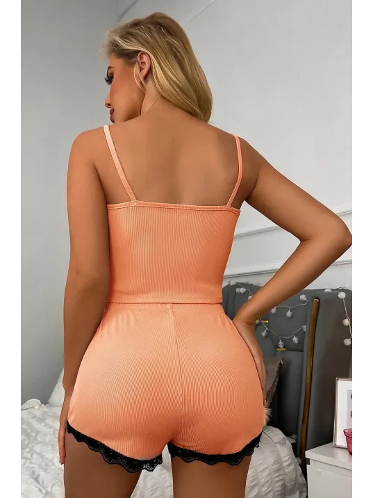 Kadın Mercan Pembe Alt Ve Üst Dantel Detaylı Şortlu Gecelik Takımı