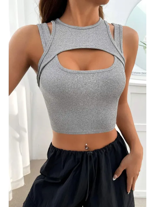 Kadın Gri Kalın Askılı Cut Out Dekolteli Crop Top Bluz – Şık, Rahat Ve Kolay Kombinlenebilir