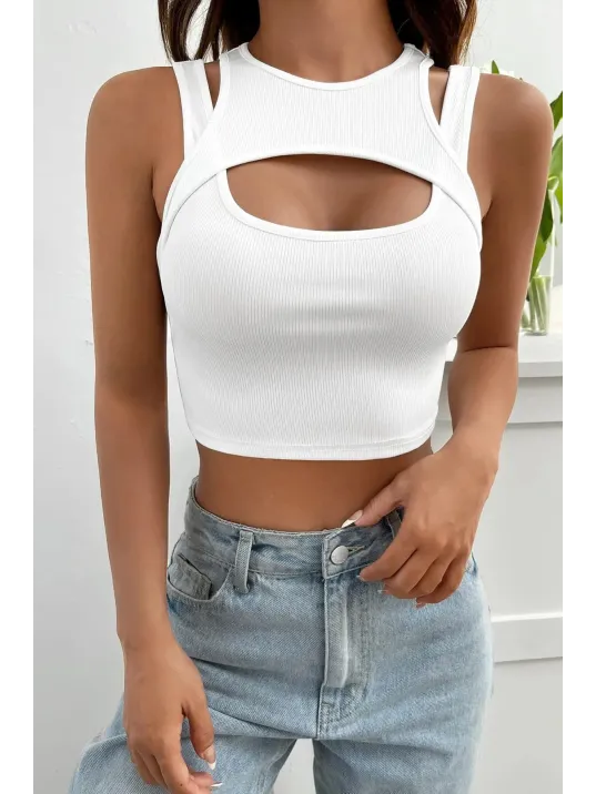 Kadın Beyaz Kalın Askılı Cut Out Dekolteli Crop Top Bluz – Şık, Rahat Ve Kolay Kombinlenebilir