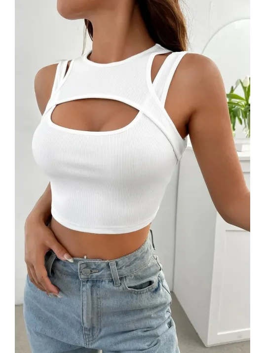 Kadın Beyaz Kalın Askılı Cut Out Dekolteli Crop Top Bluz – Şık, Rahat Ve Kolay Kombinlenebilir