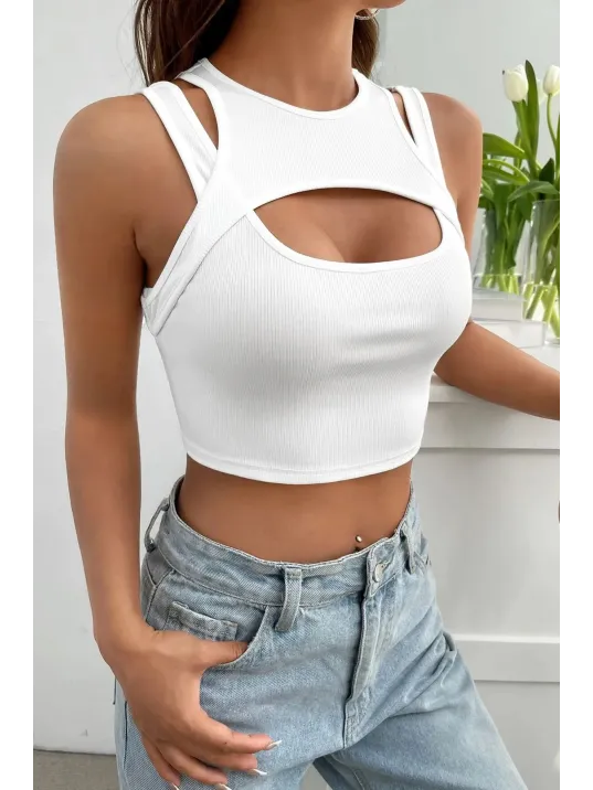 Kadın Beyaz Kalın Askılı Cut Out Dekolteli Crop Top Bluz – Şık, Rahat Ve Kolay Kombinlenebilir