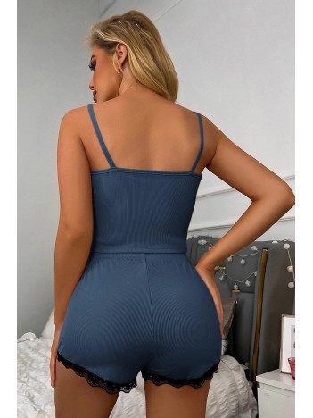 Kadın Lacivert Alt Ve Üst Dantel Detaylı Şortlu Gecelik Takımı – Modern, Konforlu ve Günlük Kombinlere Uygun