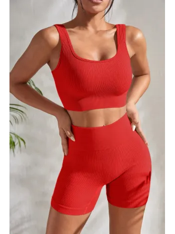 Kadın Kırmızı Şortlu Yüksek Bel Gecelik Takımı