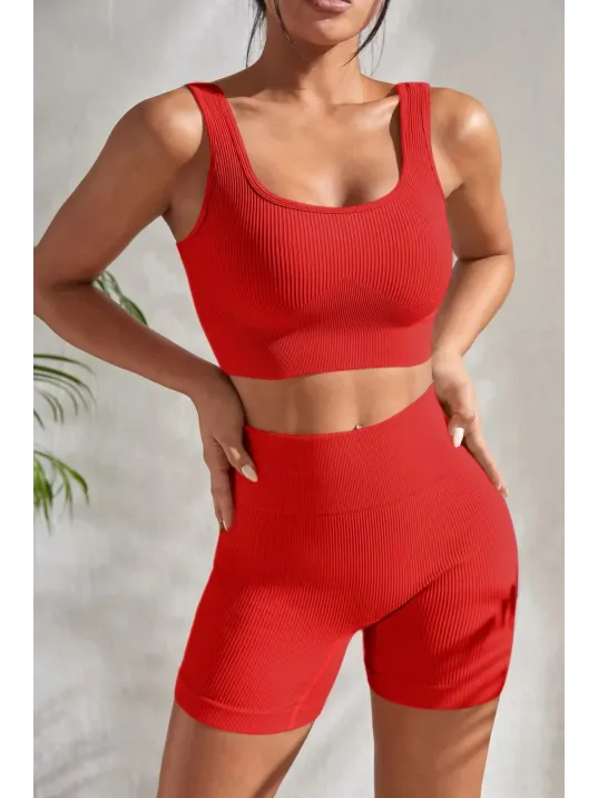 Kadın Kırmızı Şortlu Yüksek Bel Gecelik Takımı