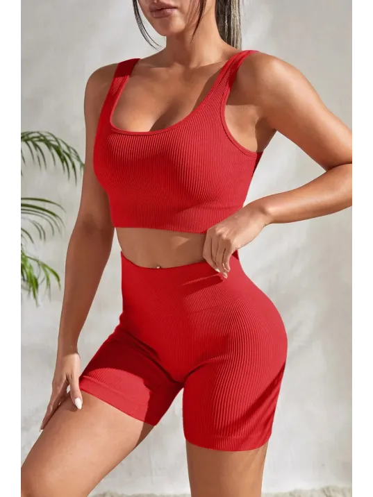 Kadın Kırmızı Şortlu Yüksek Bel Gecelik Takımı
