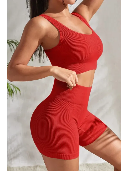 Kadın Kırmızı Şortlu Yüksek Bel Gecelik Takımı