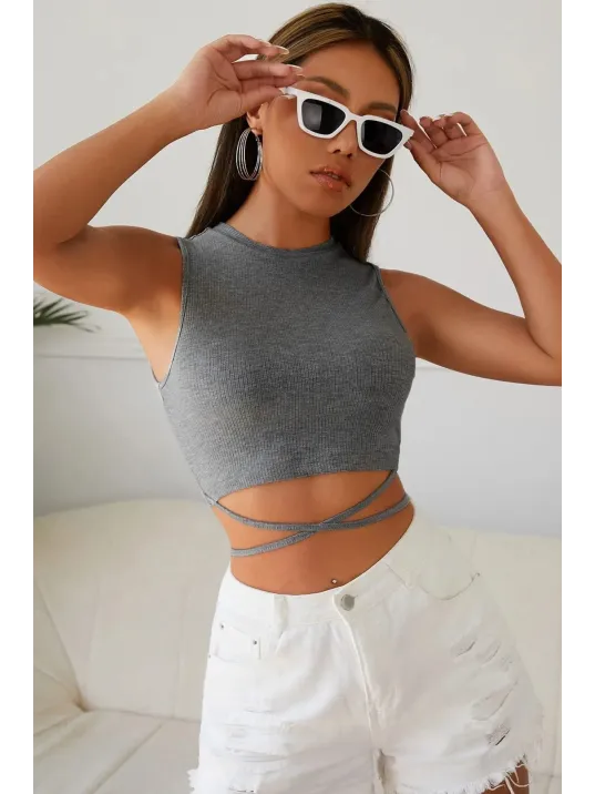 Kadın Gri Çapraz Bağlamalı Crop Top Büstiyer – Modern Ve Şık Tasarım