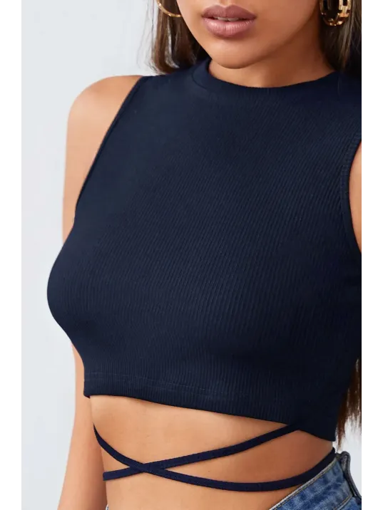 Kadın Lacivert Çapraz Bağlamalı Crop Top Büstiyer – Modern Ve Şık Tasarım