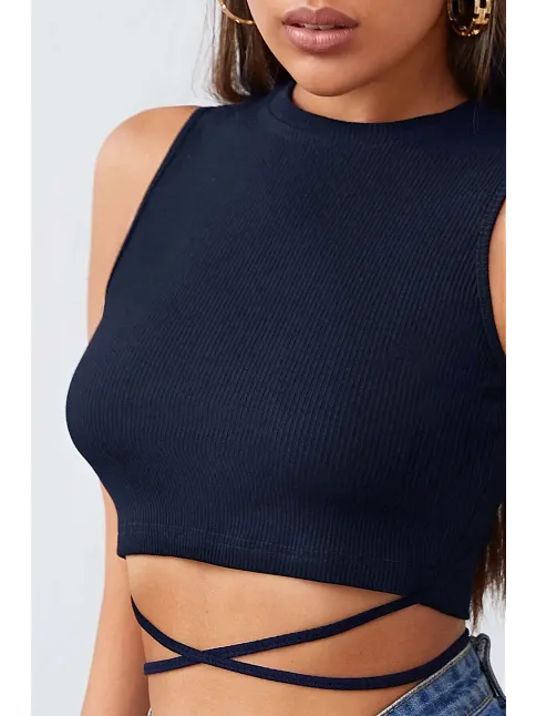 Kadın Lacivert Çapraz Bağlamalı Crop Top Büstiyer – Modern Ve Şık Tasarım