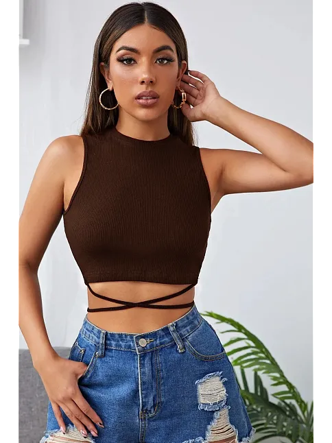 Kadın Kahverengi Çapraz Bağlamalı Crop Top Büstiyer – Modern Ve Şık Tasarım