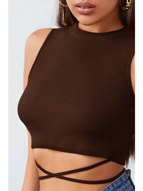 Kadın Kahverengi Çapraz Bağlamalı Crop Top Büstiyer – Modern Ve Şık Tasarım