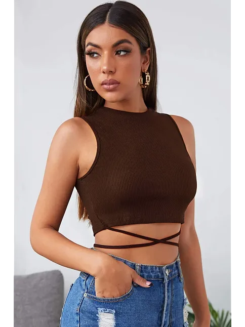 Kadın Kahverengi Çapraz Bağlamalı Crop Top Büstiyer – Modern Ve Şık Tasarım
