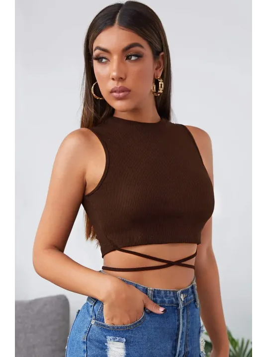 Kadın Kahverengi Çapraz Bağlamalı Crop Top Büstiyer – Modern Ve Şık Tasarım