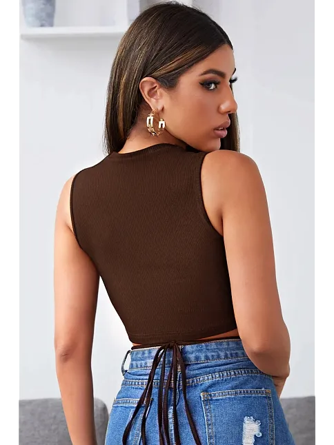 Kadın Kahverengi Çapraz Bağlamalı Crop Top Büstiyer – Modern Ve Şık Tasarım