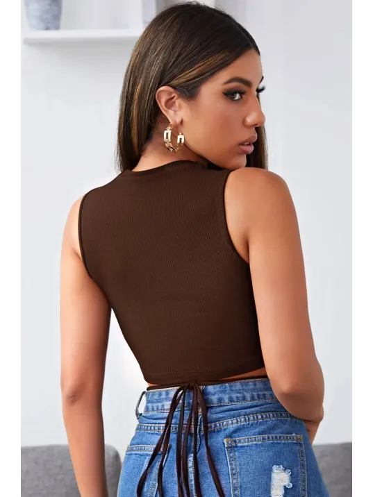 Kadın Kahverengi Çapraz Bağlamalı Crop Top Büstiyer – Modern Ve Şık Tasarım