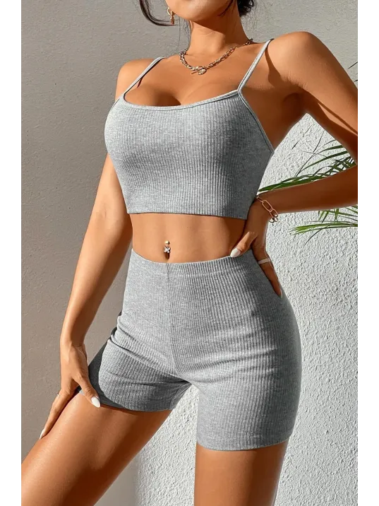 Kadın Gri Melanj Şortlu Kaşkorse Gecelik Takım – Modern, Konforlu Ve Günlük Kombinlere Uygun