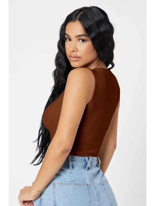 Kadın Kahverengi Kare Yaka Crop Top Bluz – Şık, Rahat Ve Kolay Kombinlenebilir