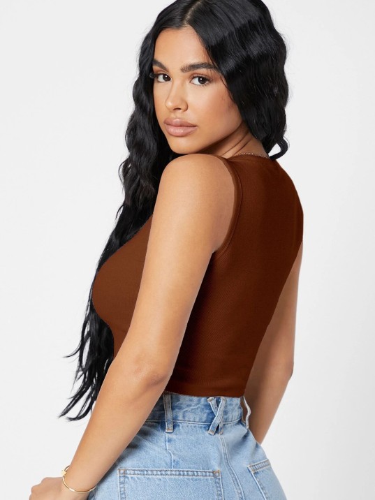 Kadın Kahverengi Kare Yaka Crop Top Bluz – Şık, Rahat ve Kolay Kombinlenebilir