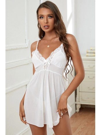 Kadın Beyaz V Yaka Dantel Detaylı Tül Gecelik – Modern Ve Şık Tasarım