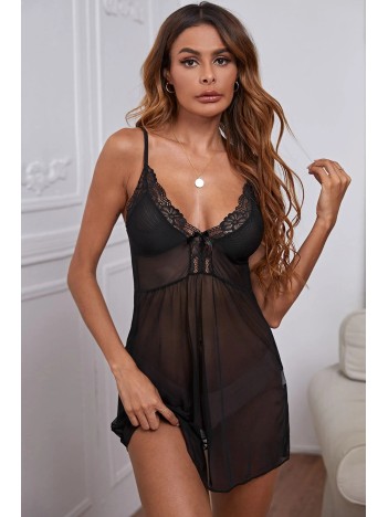 Kadın Siyah V Yaka Dantel Detaylı Tül Gecelik