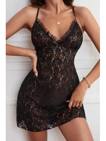 Kadın Siyah Fırfırlı Tül Detaylı Sırtı Çapraz Ve Açık Komple Dantel Gecelik