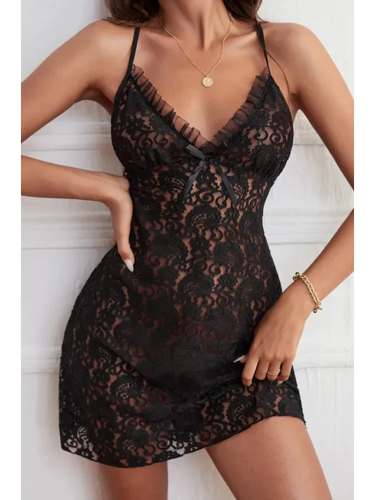 Kadın Siyah Fırfırlı Tül Detaylı Sırtı Çapraz Ve Açık Komple Dantel Gecelik