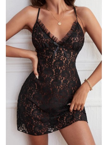 Kadın Siyah Fırfırlı Tül Detaylı Sırtı Çapraz Ve Açık Komple Dantel Gecelik