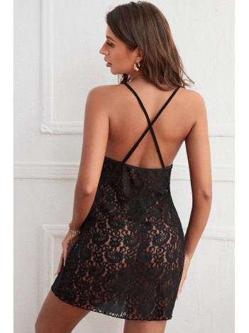 Kadın Siyah Fırfırlı Tül Detaylı Sırtı Çapraz Ve Açık Komple Dantel Gecelik