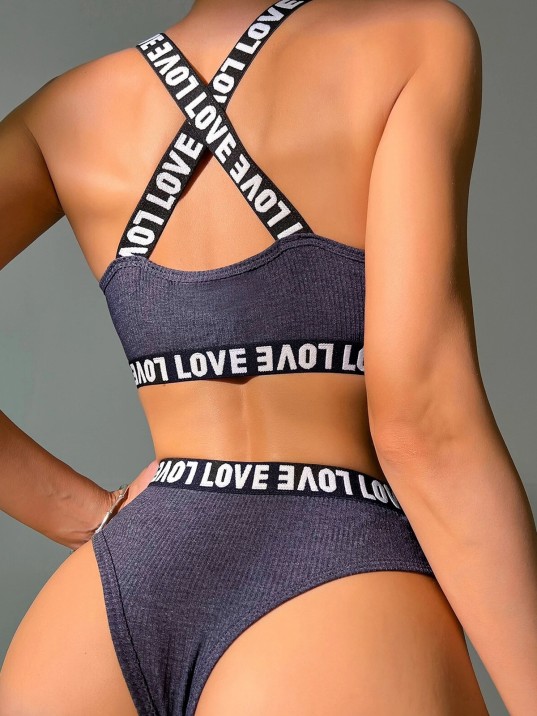 Kadın Lacivert Çapraz Sırt Ve Love Yazı Detaylı Iç Çamaşır Takımi