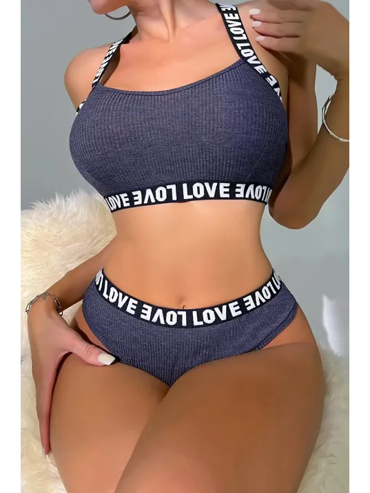 Kadın Lacivert Çapraz Sırt Ve Love Yazı Detaylı Iç Çamaşır Takımi