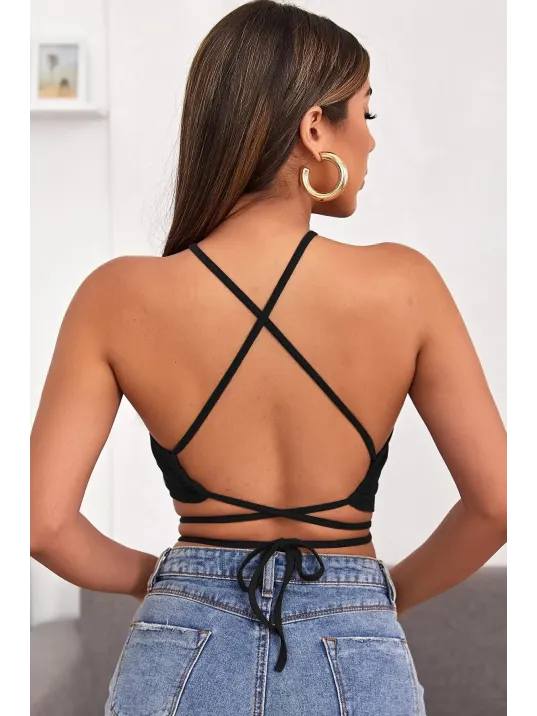 Kadın Siyah Sırtı Açık Boyundan Çapraz Bağlamalı Crop Top Bluz – Şık, Rahat Ve Kolay Kombinlenebilir