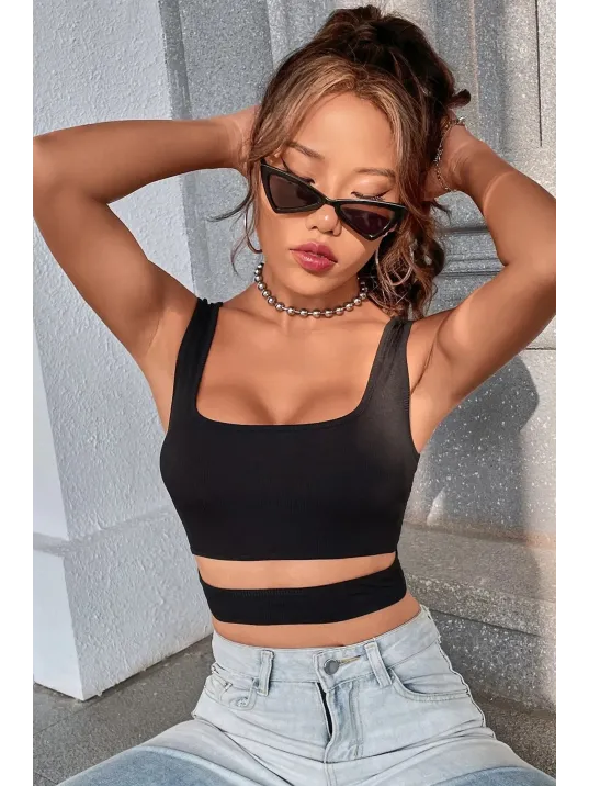 Kadın Siyah Göbek Dekolteli Crop Top Bluz – Şık, Rahat Ve Kolay Kombinlenebilir
