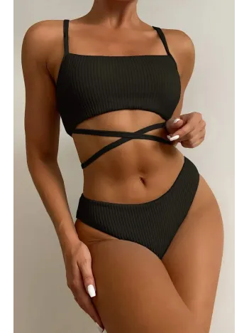 Kadın Siyah Çapraz Bağlama Detaylı Yüksek Bel Bikini Takımı – Modern, Konforlu Ve Günlük Kombinlere Uygun