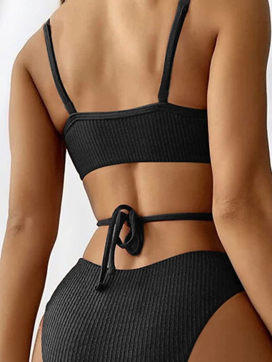Kadın Siyah Çapraz Bağlama Detaylı Yüksek Bel Bikini Takımı – Modern, Konforlu Ve Günlük Kombinlere Uygun