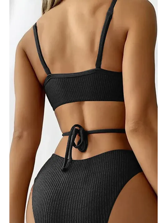 Kadın Siyah Çapraz Bağlama Detaylı Yüksek Bel Bikini Takımı – Modern, Konforlu Ve Günlük Kombinlere Uygun