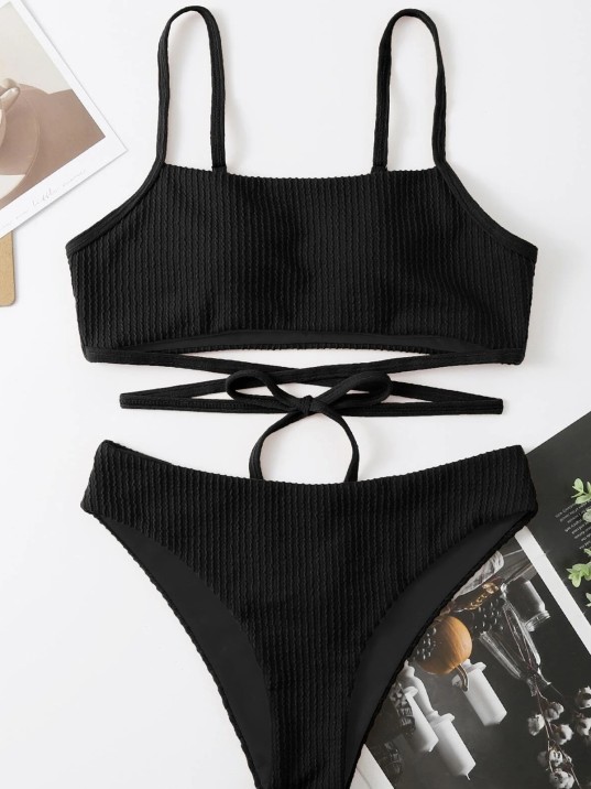 Kadın Siyah Çapraz Bağlama Detaylı Yüksek Bel Bikini Takımı – Modern, Konforlu Ve Günlük Kombinlere Uygun