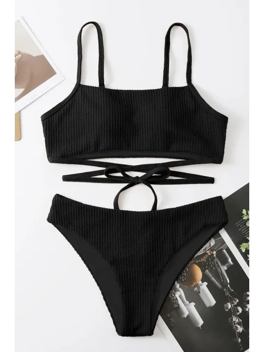 Kadın Siyah Çapraz Bağlama Detaylı Yüksek Bel Bikini Takımı – Modern, Konforlu Ve Günlük Kombinlere Uygun