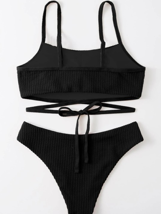 Kadın Siyah Çapraz Bağlama Detaylı Yüksek Bel Bikini Takımı – Modern, Konforlu Ve Günlük Kombinlere Uygun