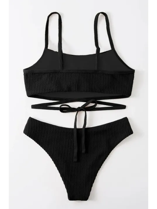 Kadın Siyah Çapraz Bağlama Detaylı Yüksek Bel Bikini Takımı – Modern, Konforlu Ve Günlük Kombinlere Uygun