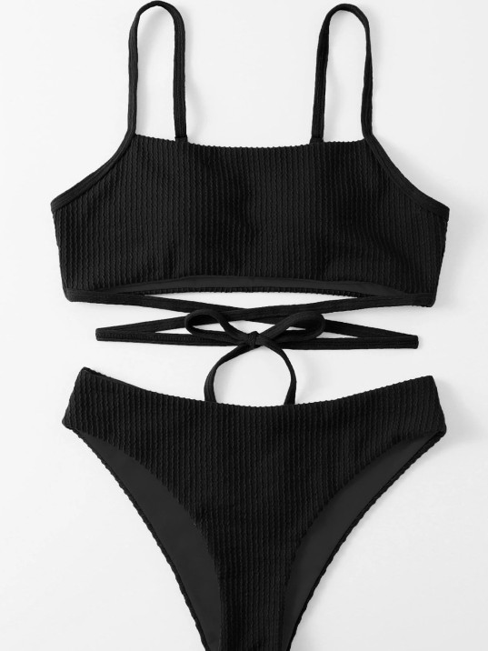 Kadın Siyah Çapraz Bağlama Detaylı Yüksek Bel Bikini Takımı – Modern, Konforlu Ve Günlük Kombinlere Uygun