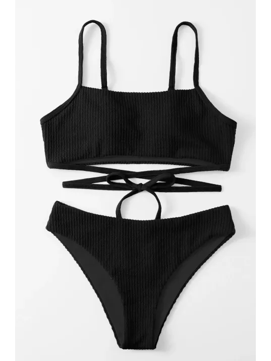 Kadın Siyah Çapraz Bağlama Detaylı Yüksek Bel Bikini Takımı – Modern, Konforlu Ve Günlük Kombinlere Uygun