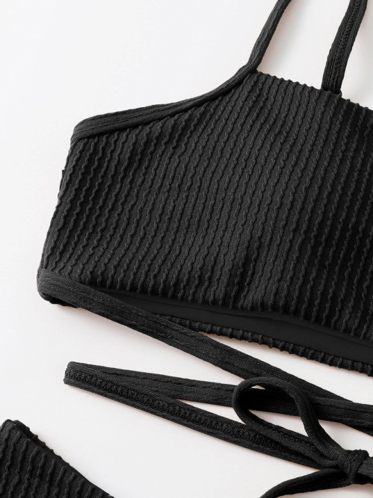 Kadın Siyah Çapraz Bağlama Detaylı Yüksek Bel Bikini Takımı – Modern, Konforlu Ve Günlük Kombinlere Uygun