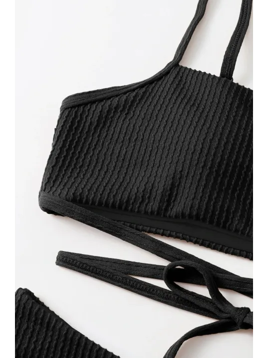 Kadın Siyah Çapraz Bağlama Detaylı Yüksek Bel Bikini Takımı – Modern, Konforlu Ve Günlük Kombinlere Uygun