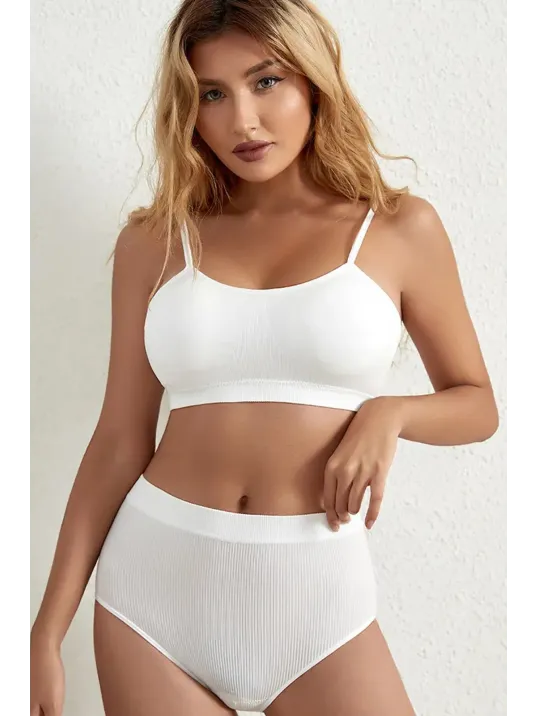 Kadın Beyaz Kaşkorse Yüksek Bel Kapsız Sütyen Külot Takım – Modern, Konforlu Ve Günlük Kombinlere Uygun