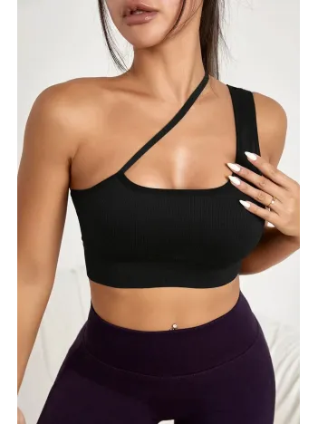 Kadın Siyah Tek Omuzlu Çapraz Askılı Crop Top Büstiyer – Modern Ve Şık Tasarım