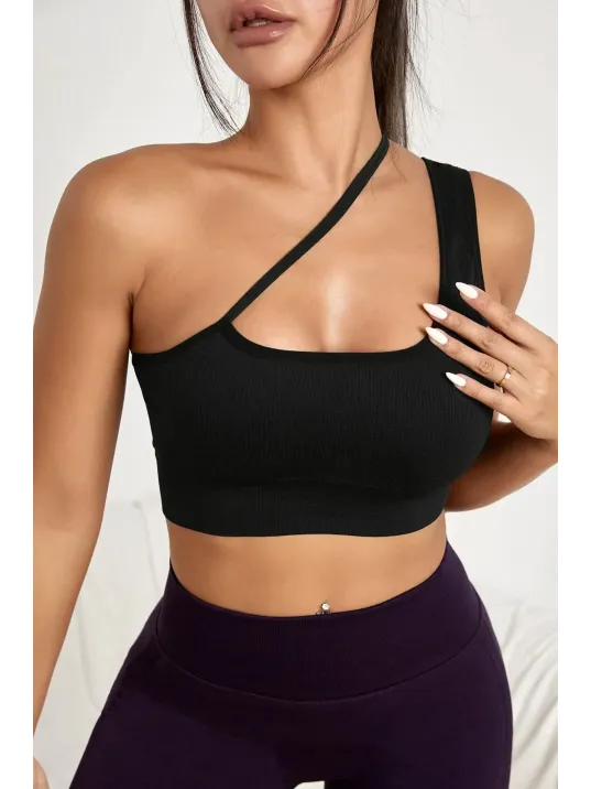 Kadın Siyah Tek Omuzlu Çapraz Askılı Crop Top Büstiyer – Modern Ve Şık Tasarım