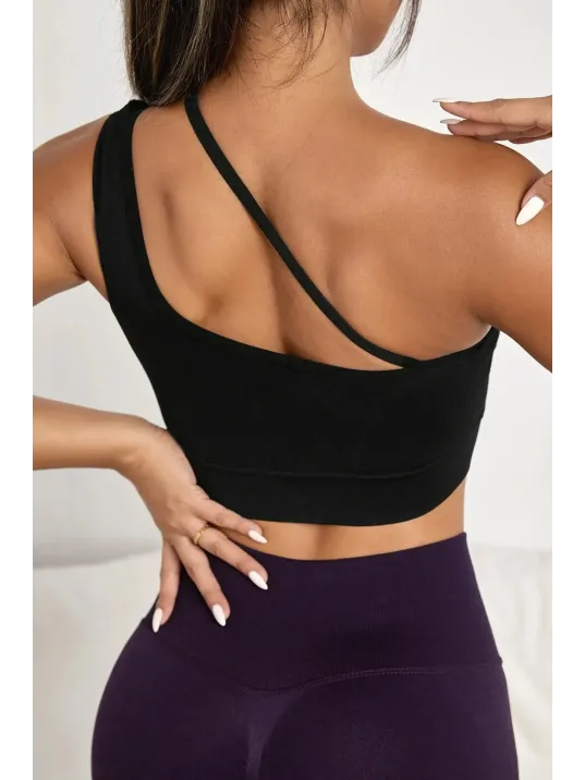 Kadın Siyah Tek Omuzlu Çapraz Askılı Crop Top Büstiyer – Modern Ve Şık Tasarım