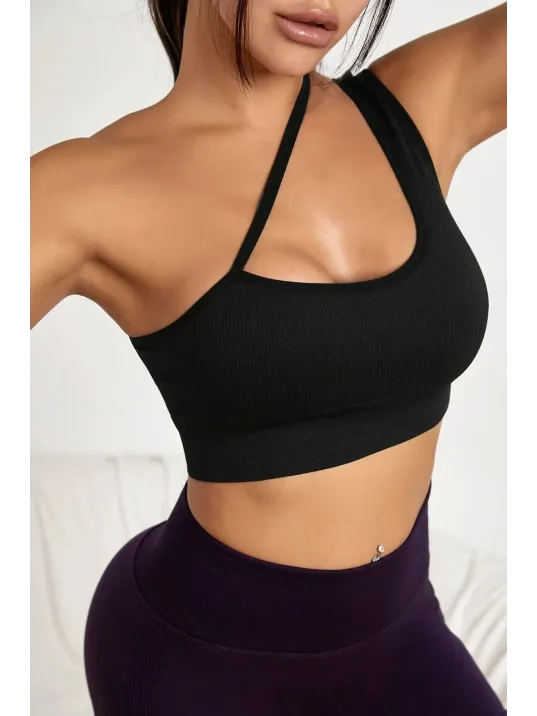 Kadın Siyah Tek Omuzlu Çapraz Askılı Crop Top Büstiyer – Modern Ve Şık Tasarım