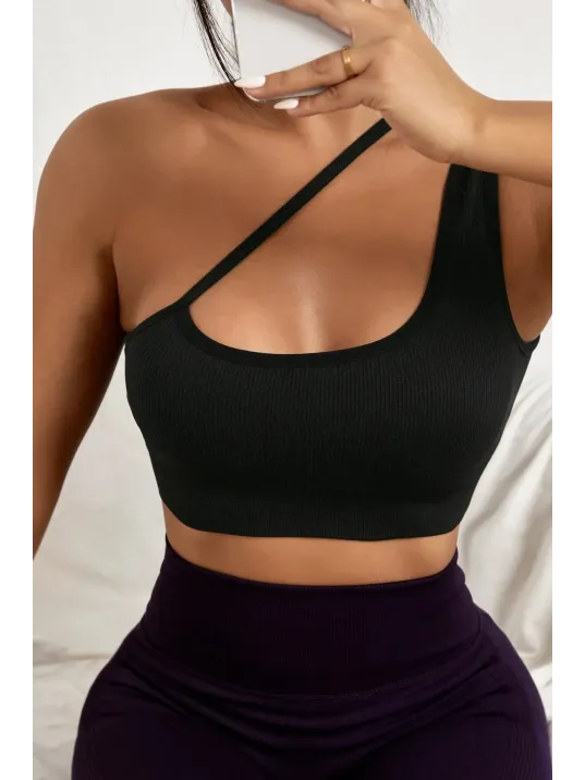 Kadın Siyah Tek Omuzlu Çapraz Askılı Crop Top Büstiyer – Modern Ve Şık Tasarım